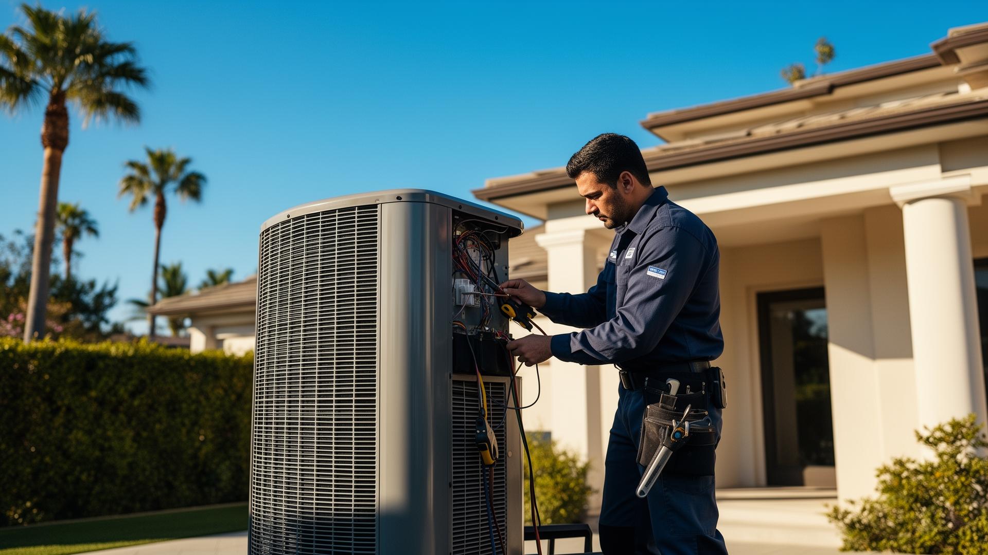 JMR HVAC technician servicing an air conditioning unit at a Laguna Niguel home
